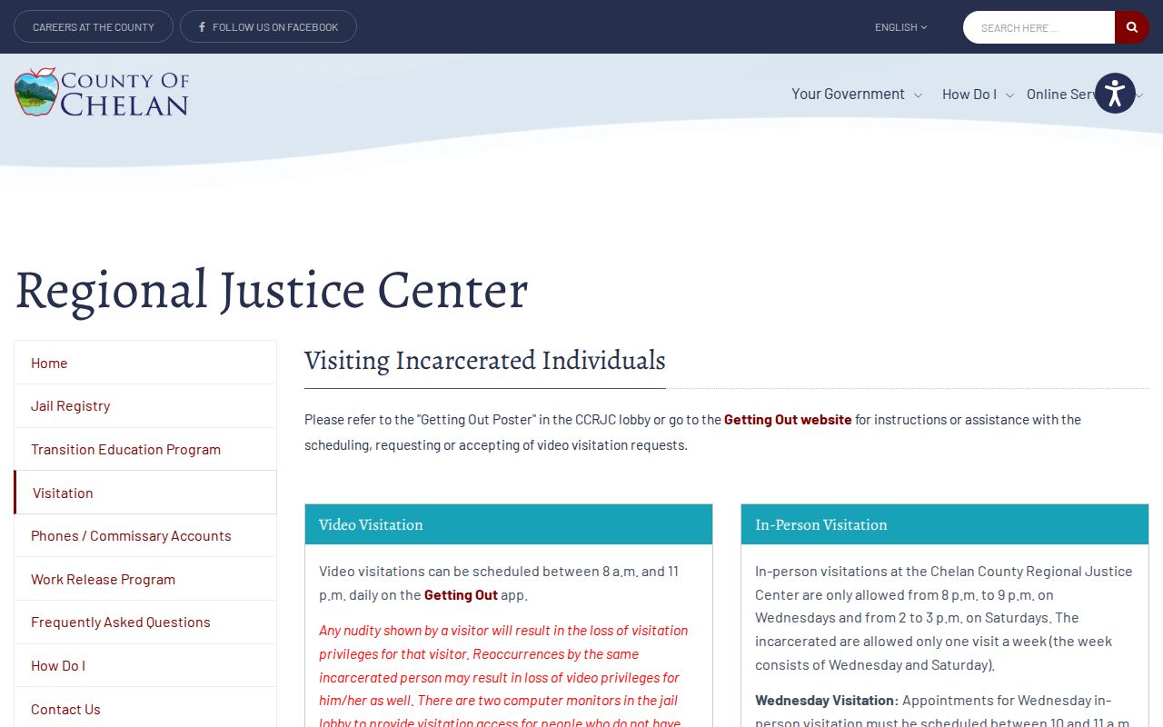 Chelan County arrest booking and jail visitation guidance