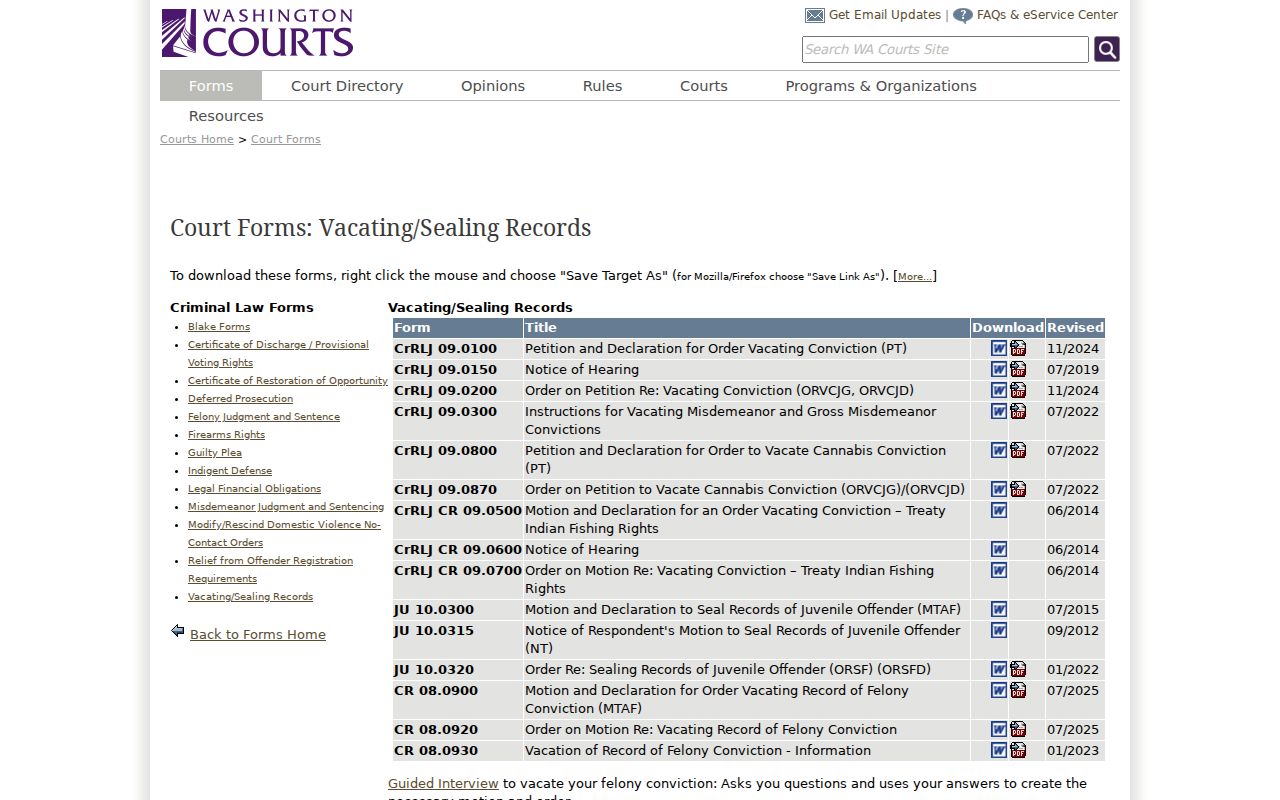 Chelan County criminal history Washington conviction vacation forms